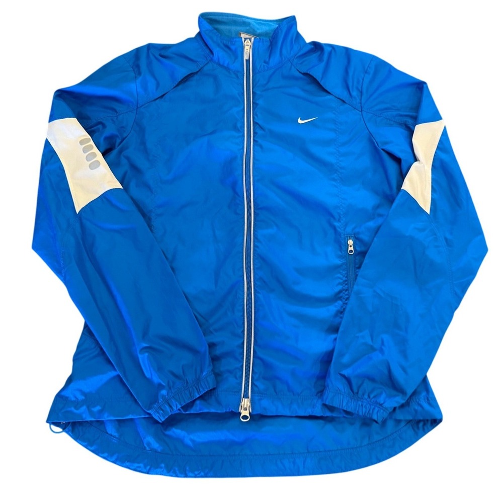 Nike Womens Blue Full Zip Running Jacket Windbreaker Size M Reflective Swish